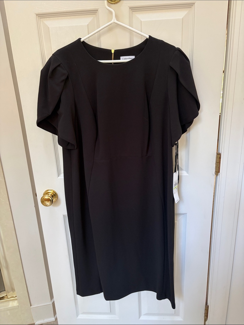 Calvin Klein Black Midi Shift Dress with Flutter Sleeves